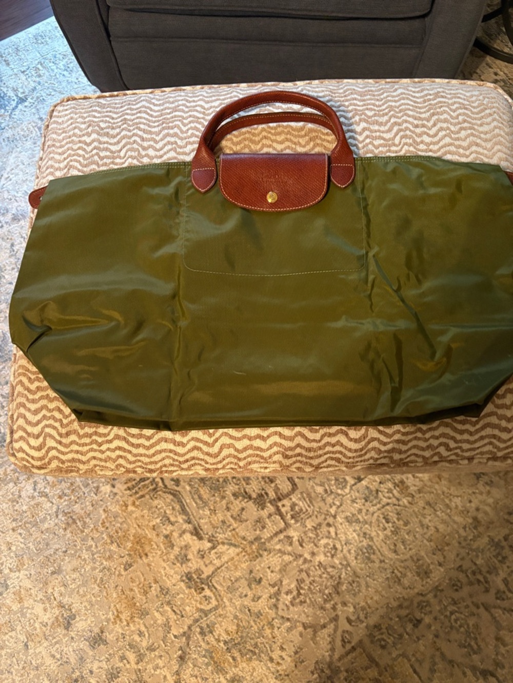 Longchamp Olive Green Nylon Weekender Tote with Brown Leather Trim